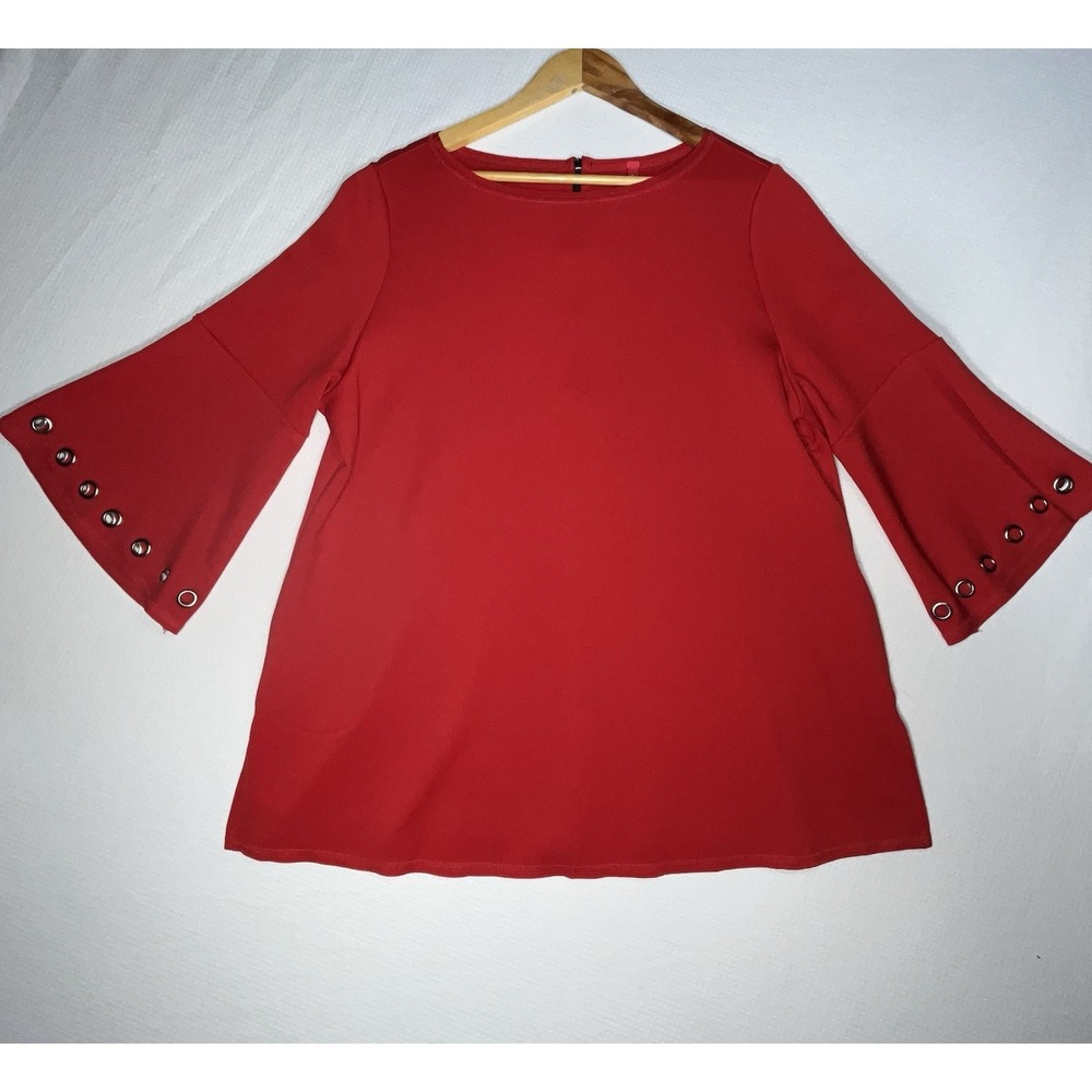 IC By Connie K Blouse Red Cut Out Bell  Sleeve  Groomet Pockets  XL Lagenlook